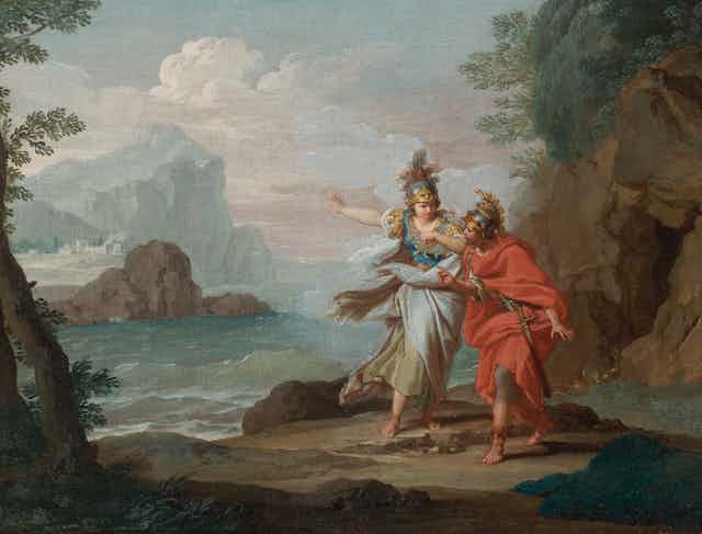 A painting of a goddess showing an island to a greek soldier. 
