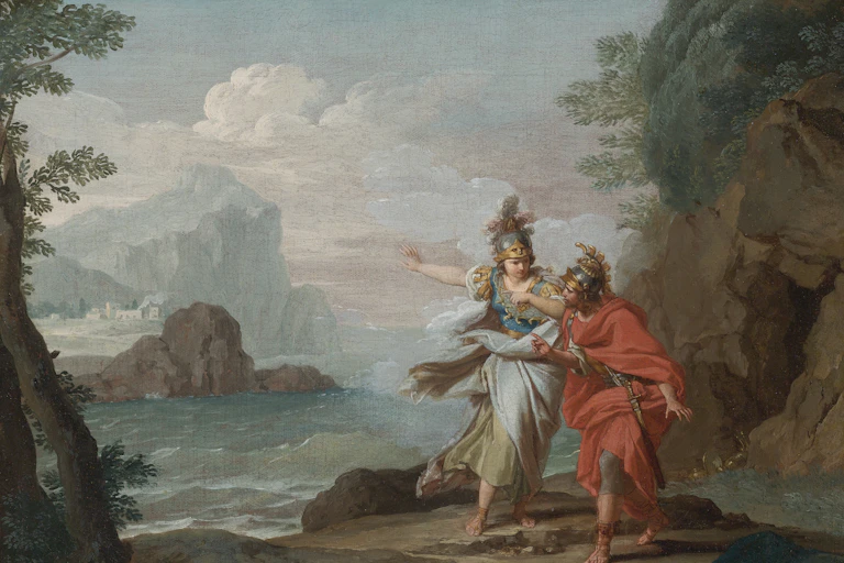 A painting of a goddess showing an island to a greek soldier.
