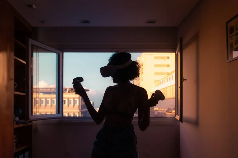 A woman wears a digital helmet