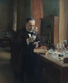 Tableau montrant Pasteur observant un bocal dans on laboratoire au milieu de fioles