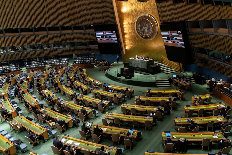 Overview of delegates in a conference hall