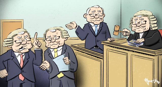 A cartoon courtroom of Scott Morrisons – the defence, the prosecution and the defendant – argue over Scott Morrison's innocence to the judge, who is also Scott Morrison.