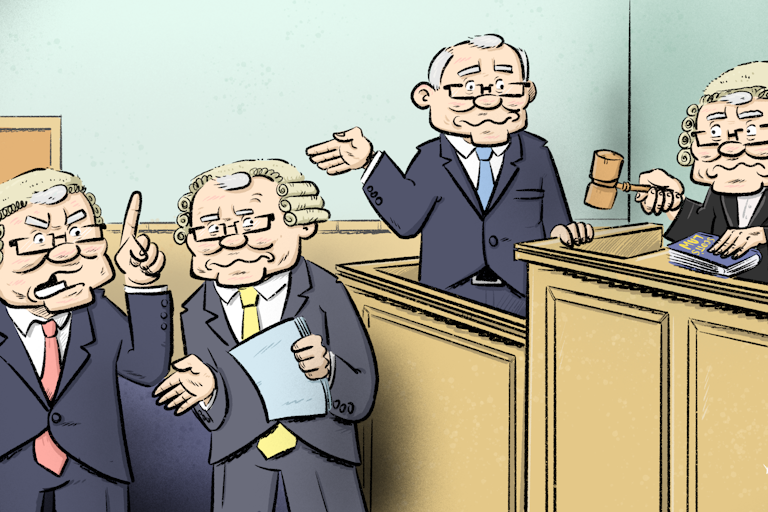 A cartoon courtroom of Scott Morrisons – the defence, the prosecution and the defendant – argue over Scott Morrison's innocence to the judge, who is also Scott Morrison.