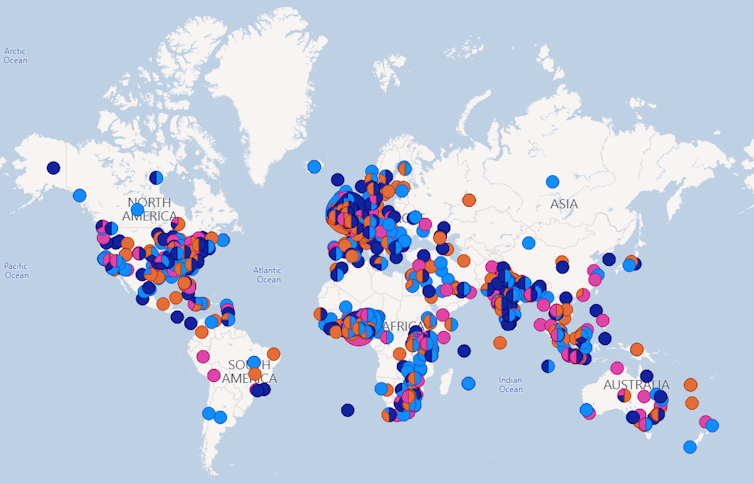 A map showing global clusters of twitter activity