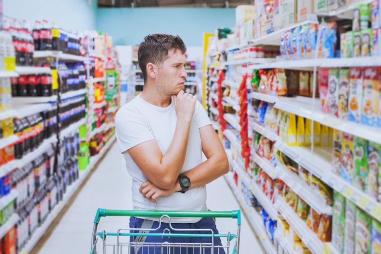 Comprador mirando los estantes del supermercado.
