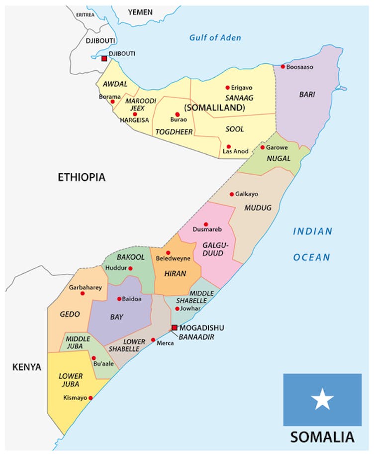 Map of Somalia showing colour-coded regions