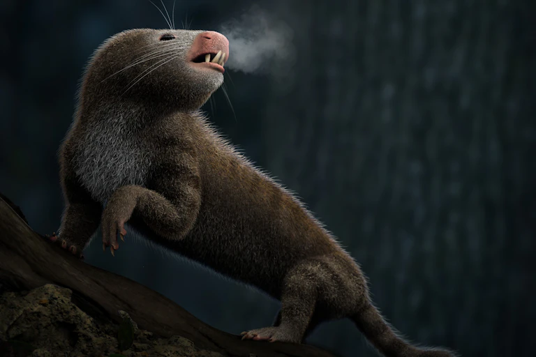 Un petit animal ressemblant à une musaraigne au corps allongé se tient sur un arbre sur un fond sombre et expire de la vapeur.