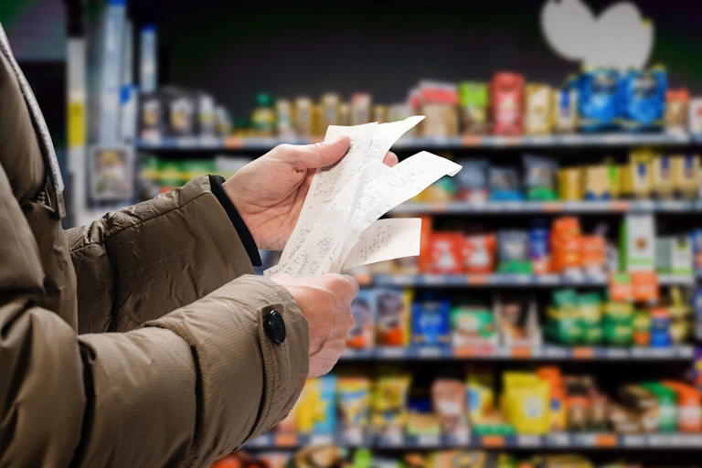 A man looking at a receipt in a grocery store