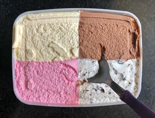 Ice cream contain with four flavors – strawberry, vanilla, chocolate and cookies and cream – divided into four equal parts.