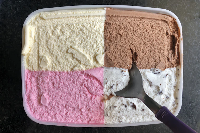 Ice cream contain with four flavors – strawberry, vanilla, chocolate and cookies and cream – divided into four equal parts.