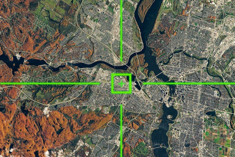 International space laws, and why it’s not the Wild West Satellite view of land on Earth with a green location square in crosshairs.
