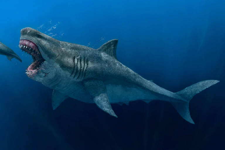 Drawing of a muscular fearsome shark opening its jaws to swallow a whale