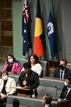 An MP, Marion Scrymgour makes her first speech in parliament. She stands with three flags behind her, including the Aboriginal and Torres Strait Islander flags.