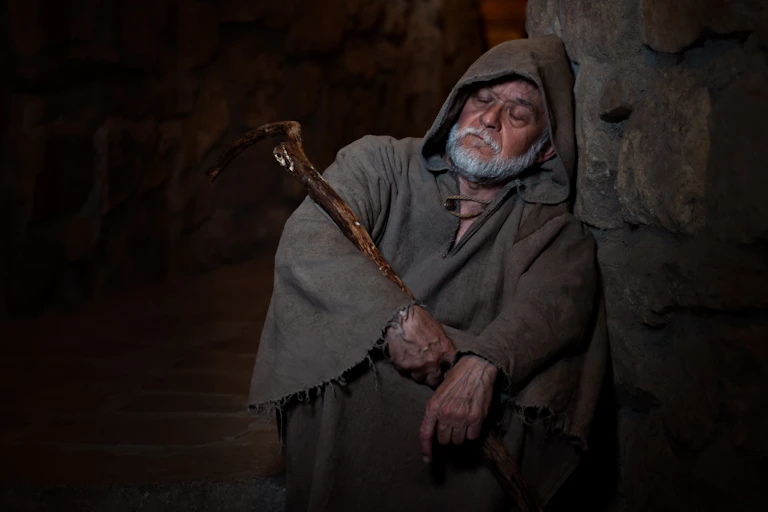 A friar leaning against a wall