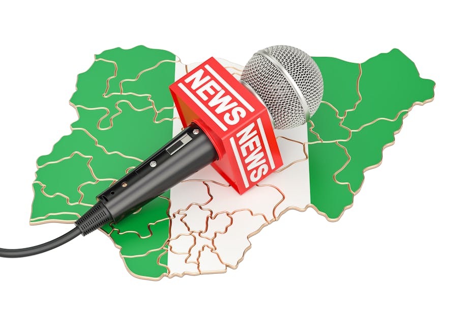 Nigerian News concept, microphone news on the map of Nigeria. 3D rendering