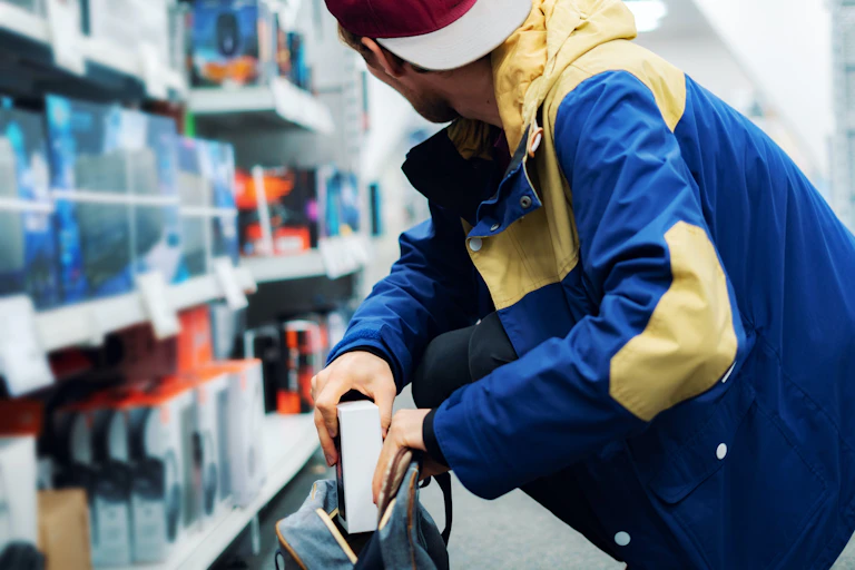 Un hombre en una tienda de electrónica se pone en cuclillas y coloca discretamente una caja en su mochila.