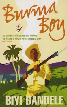 A book cover with an illustration of a dark-skinned young man in a hat holding a rifle, a palm tree and fighter planes in the distance.