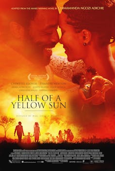 A film poster showing an orange sunset and a couple kissing