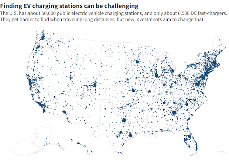 Map of US EV charging stations show large numbers in the Northeast and West Coast and US cities, but far fewer in less populated regions.