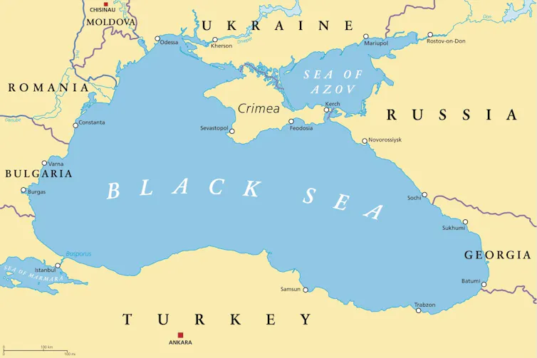 A blue and yellow map of the Black Sea.
