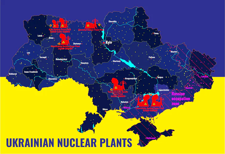 A yellow and purple map marking nuclear power plants.
