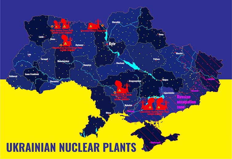 A yellow and purple map marking nuclear power plants.