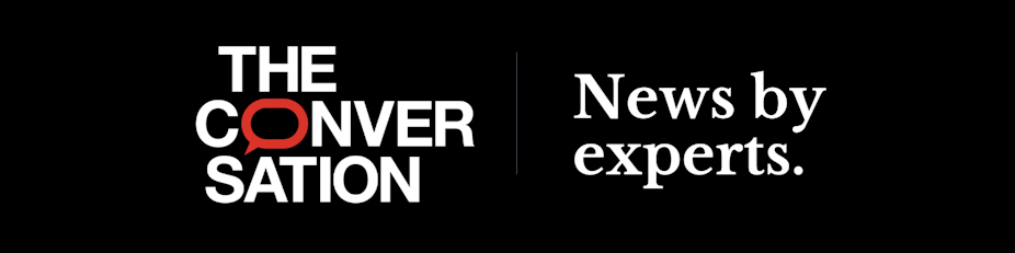 The Conversation logo on the left on black background, with "news by experts" on the right