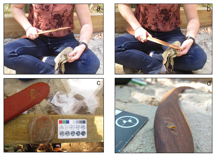 A person sitting on the ground working a stone tool with a boomerang, and close-up images of the marks the process created