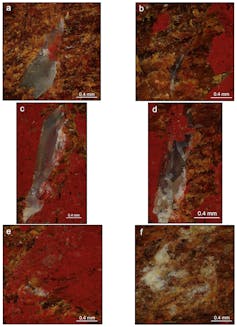 Various grey and brown scratch marks in close up visible on a red surface, a set of six images