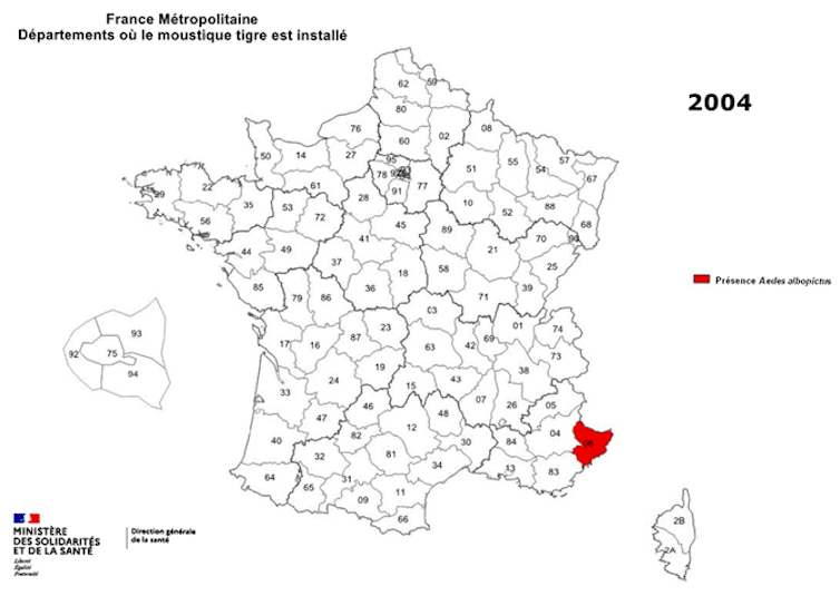 Carte de répartition du moustique tigre en France métropolitaine.
