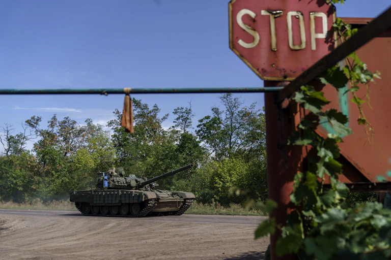 Ukrainian tank driving in the Donetsk region
