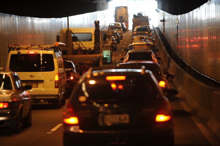vehicles queue in tunnel