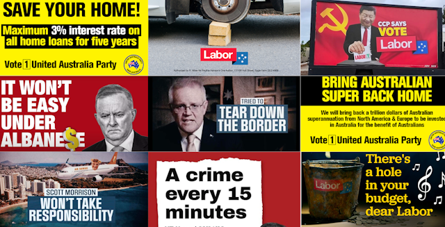 Election advertisements with dubious or hyperbolic claims from the Liberal Party, United Australia Party, Australian Labor Party and Advance Australia Party.