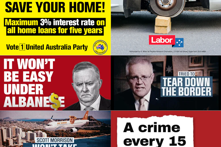 Election advertisements with dubious or hyperbolic claims from the Liberal Party, United Australia Party, Australian Labor Party and Advance Australia Party.