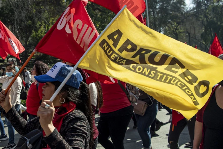 Une femme brandit un drapeau lors d'une manifestation sur lequel on peut lire "j'approuve la nouvelle constitution".
