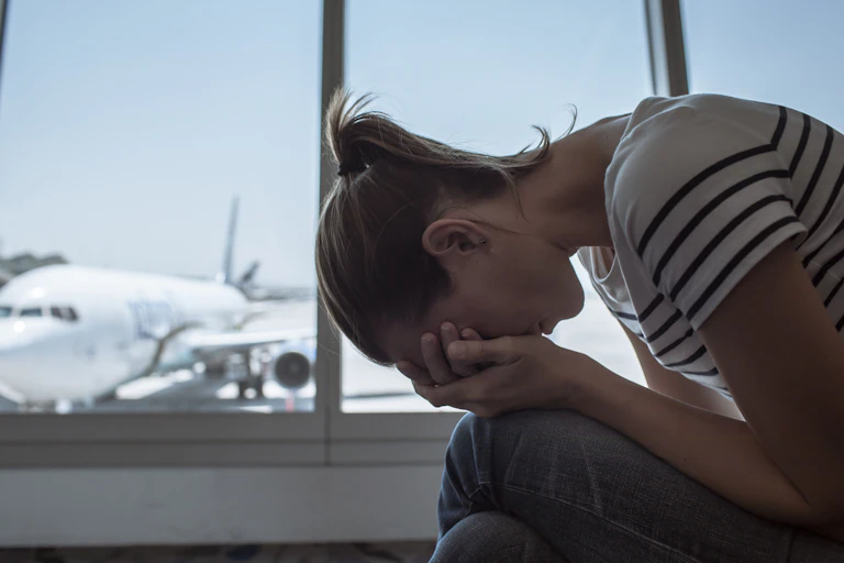 A despondent young woman, her head covered by her hands, sits forlornly inside an airport terminal.