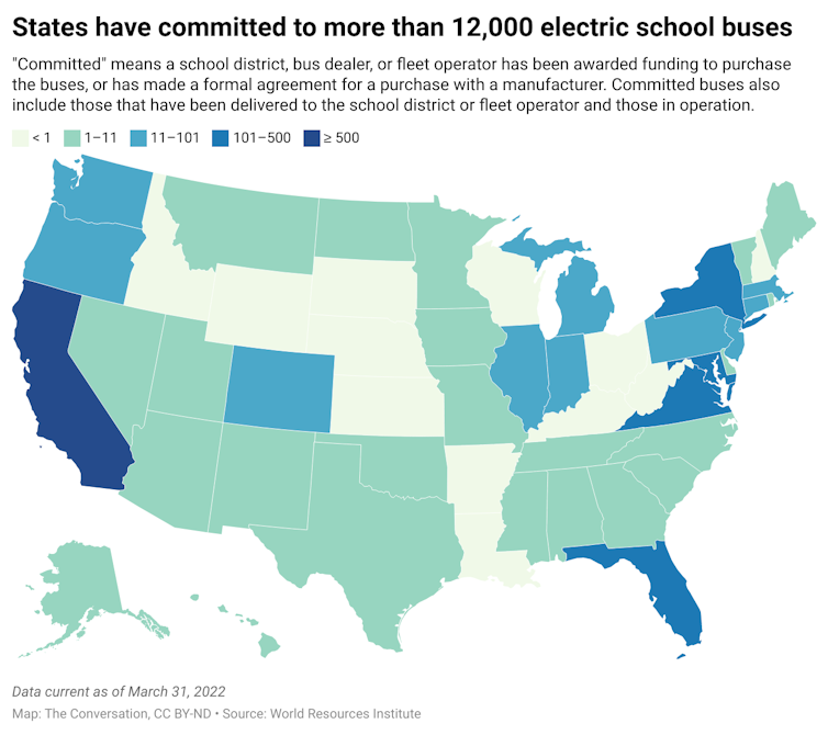 A map of the United States with each state color coded according to the number of electric school buses that the state has committed to.