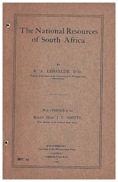 An old-fashioned brown book with a plain cover and the title The Natural Resources of South Africa