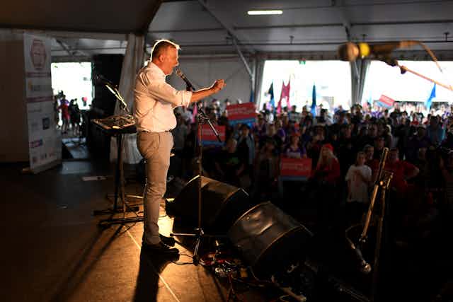 Prime Minister Anthony Albanese addresses a Labour Day rally.