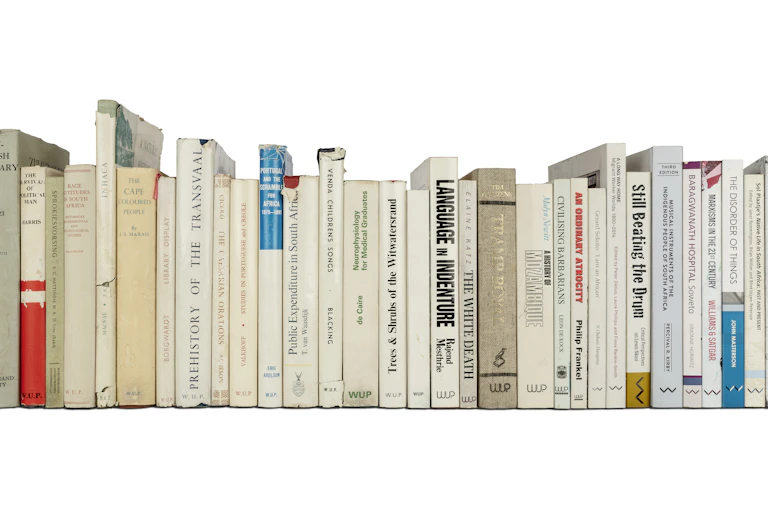 A row of books, spines showing. They start very old and worn and become progressively modern and new, titles relating to South African subjects.