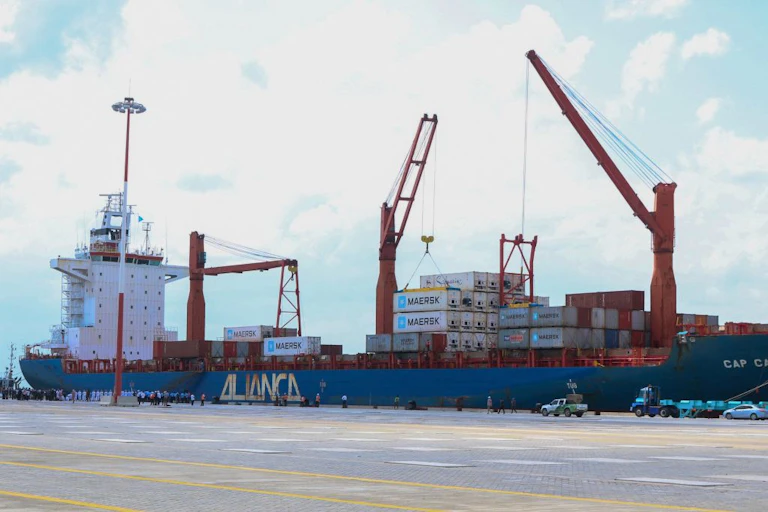 Cranes offloading containers from a ship.