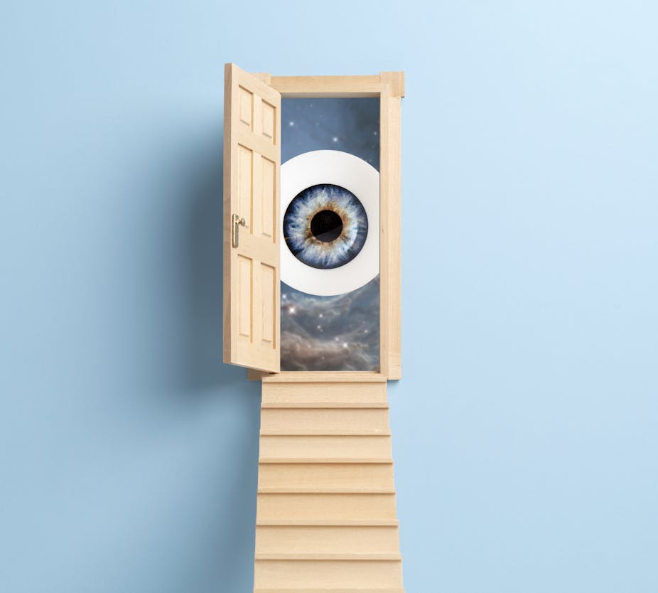 Illustration of steps leading up to open door with large eyeball on the other side