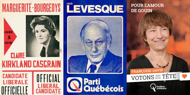 A collage of three election signs with varying degrees of bilingualism.