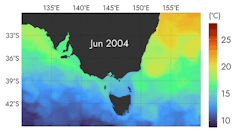Animated map of sea surface temperatures in South East Australia from 2004 to 2022.