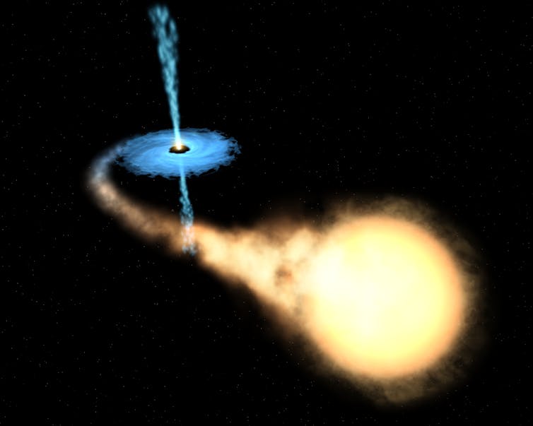 L'immagine mostra il flusso di materia in un buco da un disco di accrescimento