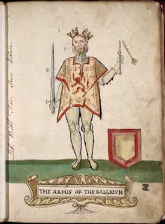Jean Balliol in Forman's armorial (1562). His scepter and crown are broken, and his blank coat of arms reflects his nickname "Empty Tabard"