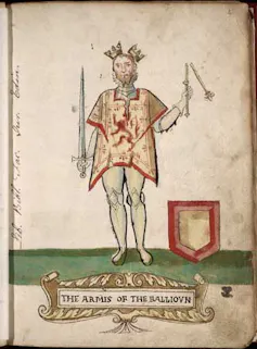 Jean Balliol dans l’armorial de Forman (1562). Son sceptre et sa couronne sont brisés, et son blason vierge reflète son surnom de « tabard vide »