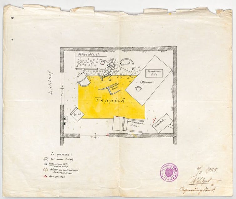 Bird's eye view drawing of the murder scene.