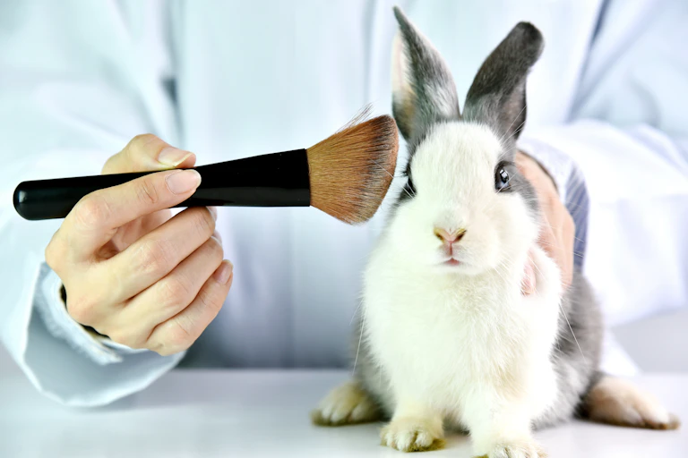 a person wearing a labcoat holds a brush to a rabbit's head