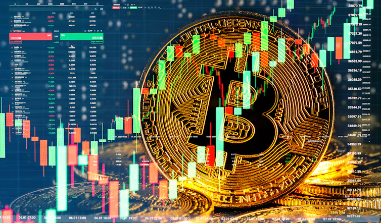 a large coin with the bitcoin symbol in the background, a graph with red and green bars in the foreground